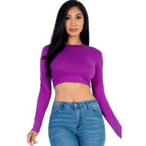 Slickblue Women's Long Sleeve Cropped Top, Crew Neck, Stretch Jersey, Casual Fit, Multiple Color Options, Size S-L - 1 of 4