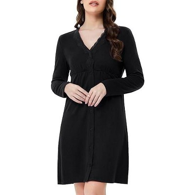 Women's Nightgowns Long Sleeve Button Sleepwear Lace V Neck Short Sleep Dress