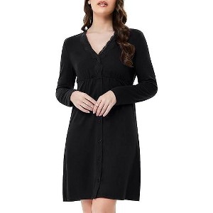 Women's Nightgowns Long Sleeve Button Sleepwear Lace V Neck Short Sleep Dress - 1 of 4