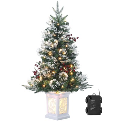 3 Ft Pre-Lit Artificial Christmas Trees w/Potted Base, Snow Flocked Small Xmas Tree w/78 Warm Lights 8 Modes, w/Battery Operated Timer Function