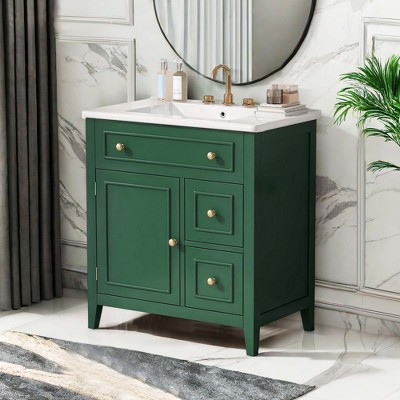 NicBex 30'' Bathroom Storage Cabinet with Sink, Bathroom Vanity, 1 Spacious Cabinet Door and 2 Drawers for Bathroom, Green
