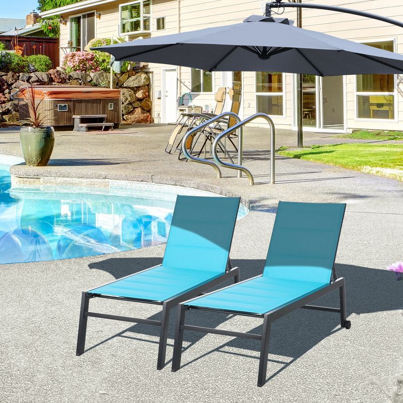 Outsunny Chaise Lounge Outdoor Pool Chair Set of 2 with Wheels, Five Position Recliner for Sunbathing, Suntanning, Breathable Fabric, Blue, 2 of 7