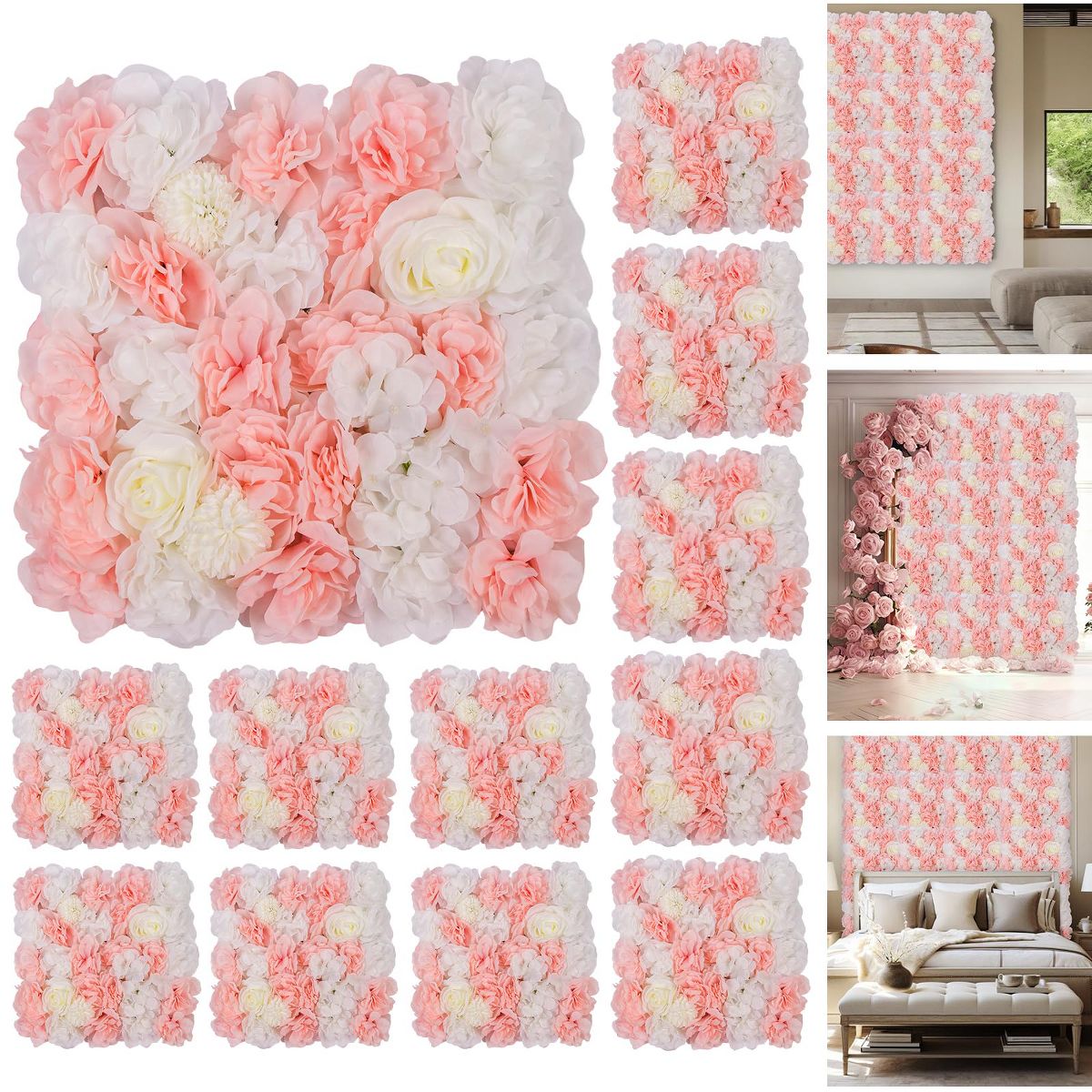 Elegant 3D Silk Artificial Rose Flower Wall Panels – Luxury Floral Backdrop for Wedding, Party, Photo Booth, Home Decor – Easy Assembly, 12-Pack - thumbnail 3