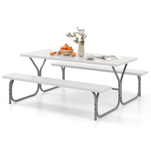 Tangkula Picnic Table Bench Set for 8 Person Outdoor Camping Table & 2 Benches with Metal Frame All-Weather Tabletop Black/Grey/Green/White - 1 of 4