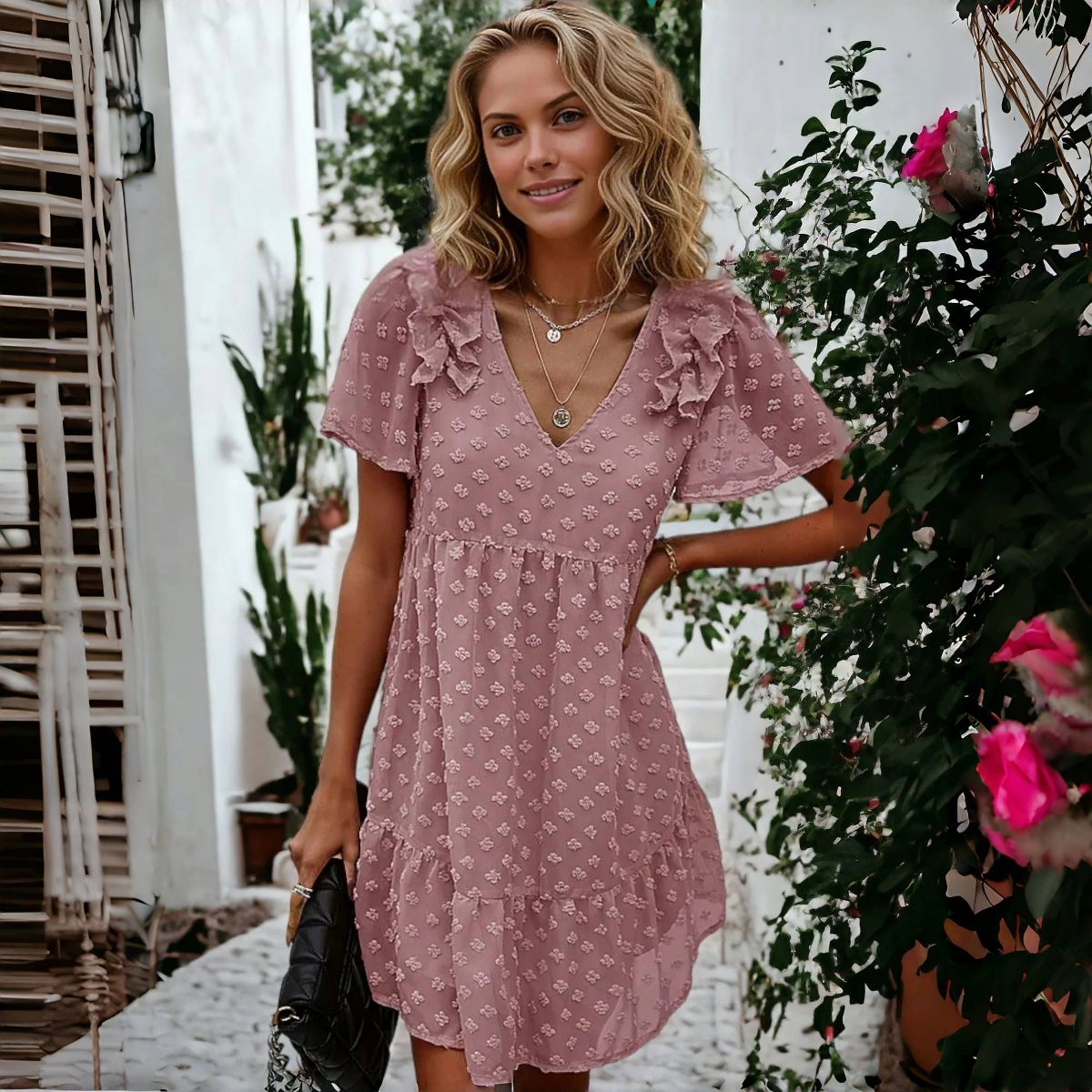 Anna-Kaci Women's Ruffle Sleeve Tiered Mini Dress with Textured Floral Pattern and V-Neckline - thumbnail 3