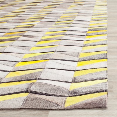 Ivory and Yellow Hand-Knotted Geometric Cowhide Rug, 5' x 8'