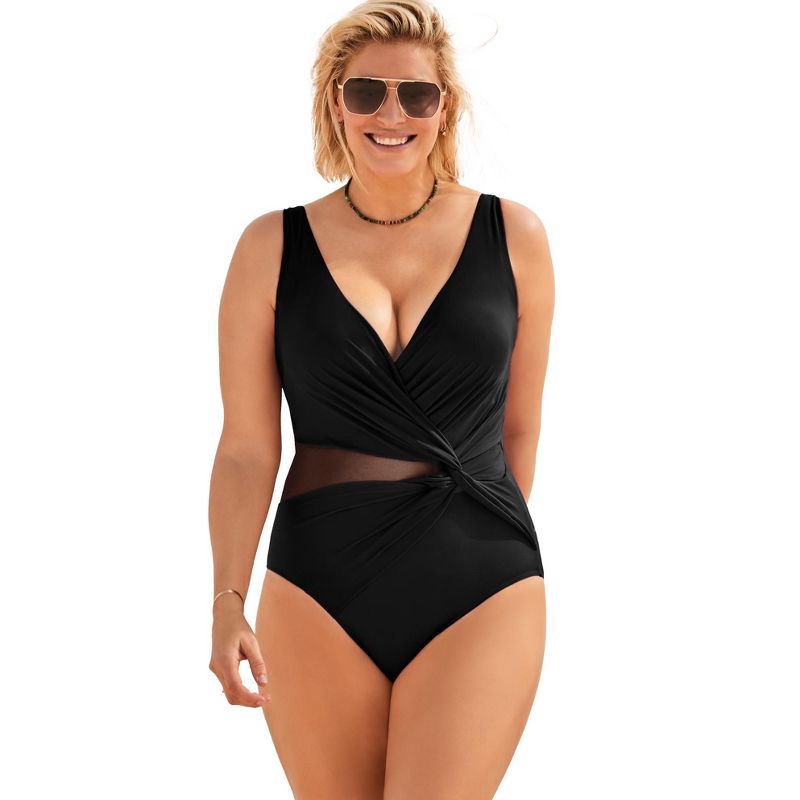 Swimsuits for All Women's Plus Size Knotted Mesh One Piece Swimsuit, 1 of 2