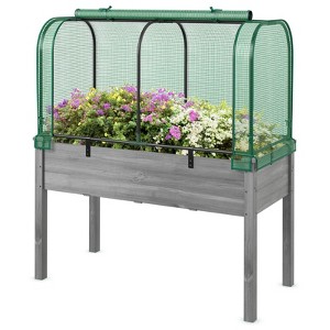 Costway Wood Raised Garden Bed with Greenhouse Cover Mini Portable Greenhouse Kit Green/White+Gray/Beige - 1 of 4