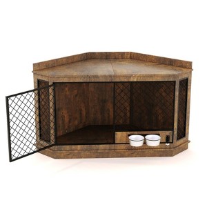 TruAIR 52-Inch Corner Dog Crate Furniture with Rotary Feeder, Brown Wooden TV Stand Kennel with Metal Mesh for Medium Large Dogs - 1 of 4