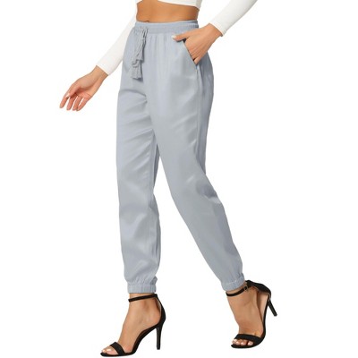 INSPIRE CHIC Women's Drawstring Elastic Waist Ankle Length Satin Joggers Pants with Pocket
