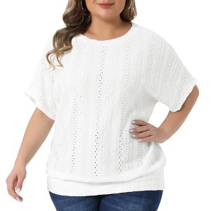 Women's Plus Size Eyelet Double Layered Hem Crew Neck Batwing Sleeve Casual Summer Blouses - Agnes Orinda - 1 of 4