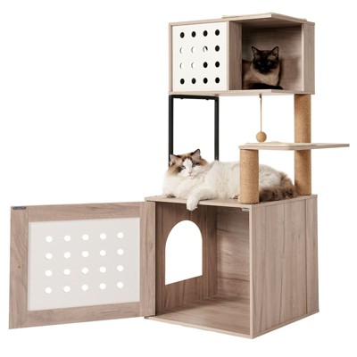 Lirago Gray and White Cat Tree 21.7x17.0x47.2"-All-in-One Litter Box and Play Tower