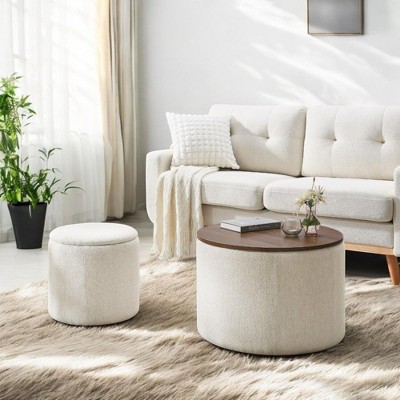Alilang 23.62 inch Round Ottoman Set with Tray Table and Matching Stool-Beige