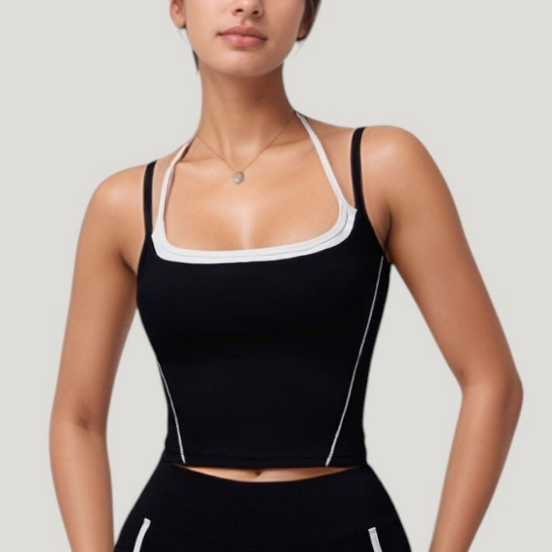 Anna-Kaci Active Women's Double Strap Square Neck Activewear Crop Top with Contrast Trim and Streamlined Athletic Fit