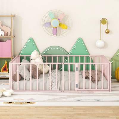Okak Metal Floor Bed Twin/Full/Queen,Montessori Bed Frame with Safety Rails & Lockable Door, Toddler Bed for Kids Room & Nursery