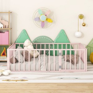 Okak Metal Floor Bed Twin/Full/Queen,Montessori Bed Frame with Safety Rails & Lockable Door, Toddler Bed for Kids Room & Nursery - 1 of 4