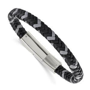Black Bow Jewelry 7mm Stainless Steel, Black & Gray Braided Leather Bracelet, 8 Inch - 1 of 4