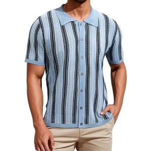 INSPIRE CHIC Men's Striped Knitted Summer Short Sleeves Button Down Jacquard Polo Shirts - 1 of 4