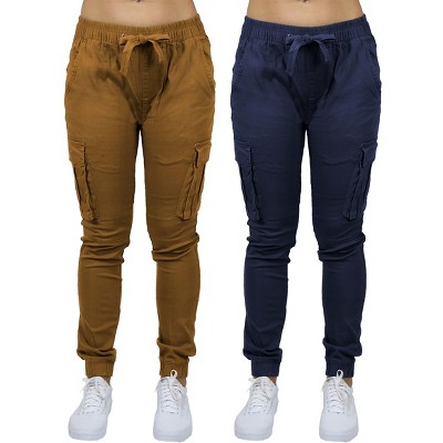 Jump Start Women's Loose  Fit  Cotton Flex Stretch Cargo Jogger Pants-2 Pack
