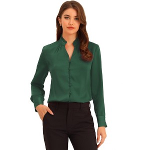 INSPIRE CHIC Women's Ruffled Stand Collar Long Sleeve Button Elegant Satin Shirt - 1 of 4