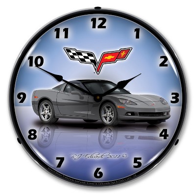 Collectable Sign & Clock | C6 Corvette Cyber Grey LED Wall Clock Retro/Vintage, Lighted