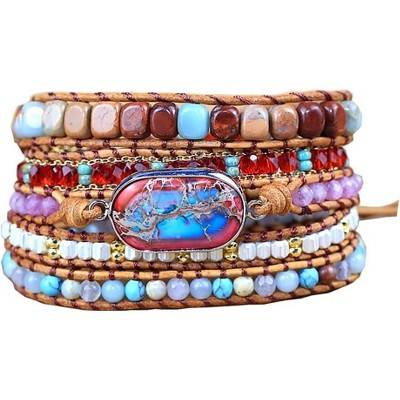 Women's Wrap Bracelet with Natural Jasper Crystal Stone Beads, Bohemian Leather Strand Bracelet