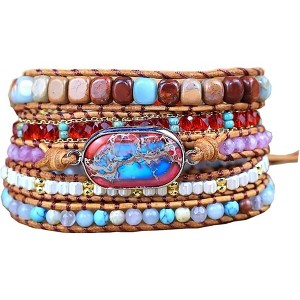 Women's Wrap Bracelet with Natural Jasper Crystal Stone Beads, Bohemian Leather Strand Bracelet - 1 of 4