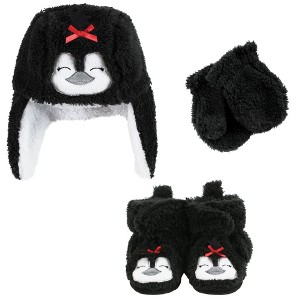 Hudson Baby Infant Girls Trapper Hat, Mitten and Bootie Set, Girls Penguin - 1 of 4