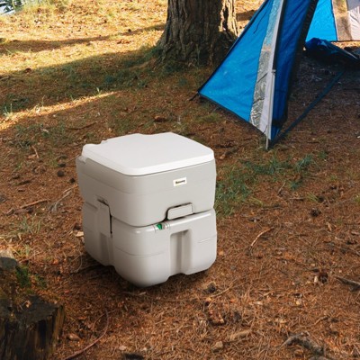 VisioGear 5.3 Gallon Portable Toilet for Adults, T-Type Water Outlets and Anti-Leak Handle Pump for Camping, Hiking, Travel, Grey, 15.7"*13"*16.9"