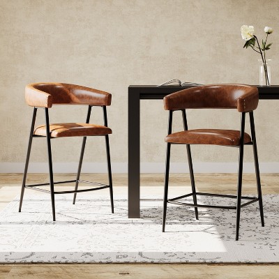 Brown Leather and Iron Frame Counter Stools, Set of 2