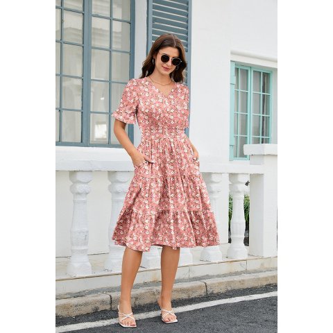 Женские платья Zeagoo Women's Summer Dress Floral Midi Casual Short Sleeve Flowy Beach Dress with Pockets Pink Floral L