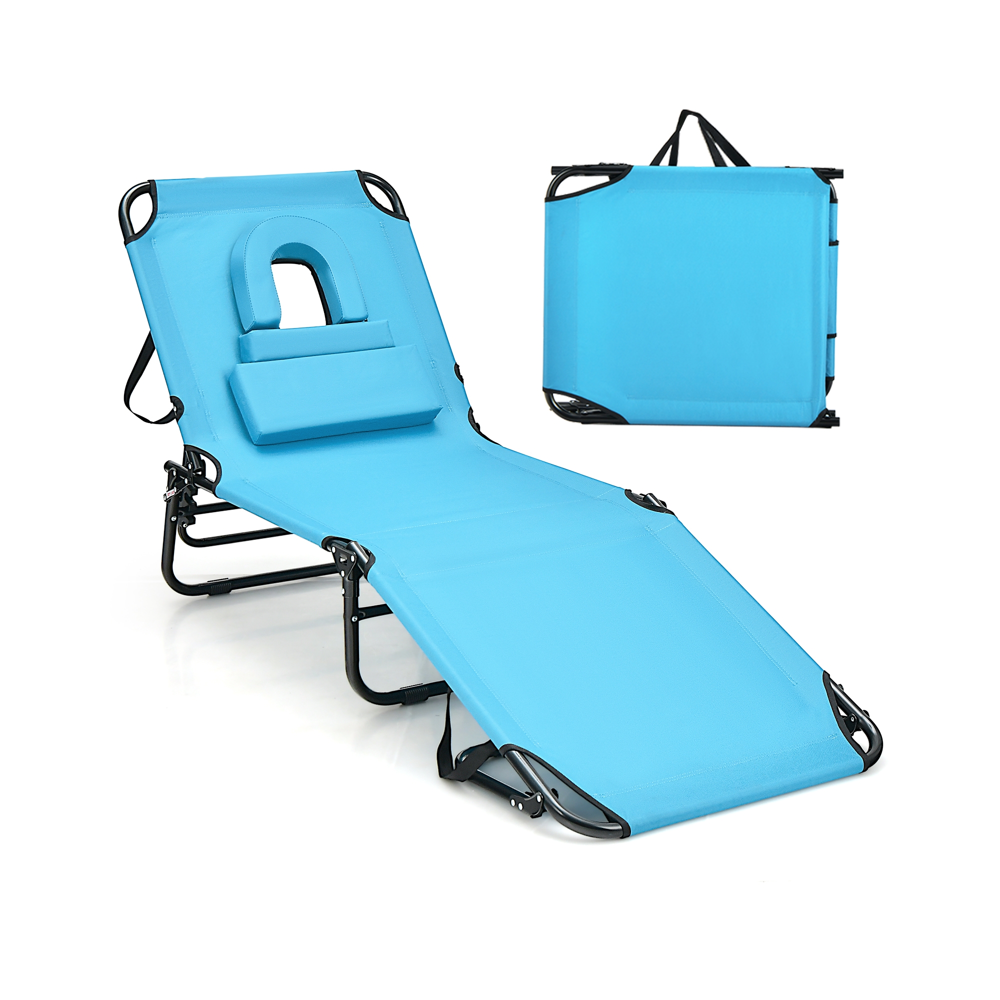 Costway Beach Chaise Lounge Chair with Face Hole Pillows & 5-Position Adjustable Backrest