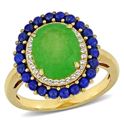 EVERLY JEWELRY | Yellow Plated Sterling Silver 3.73 CT TGW dyed Green Jade and lapis and Created White Sapphire Fashion Ring