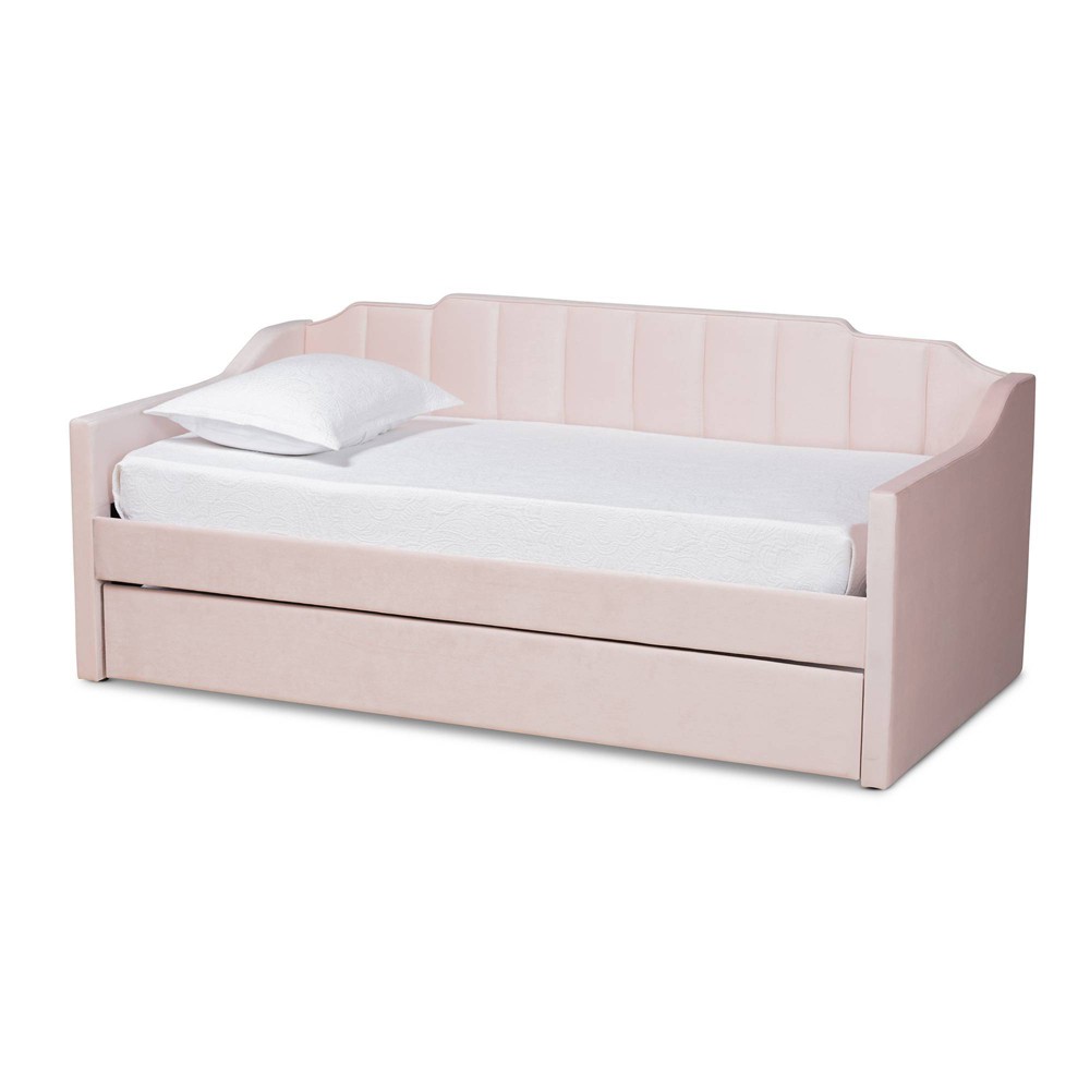 Photos - Bed Frame Twin Lennon Velvet Fabric Upholstered Daybed with Trundle Pink - Baxton St