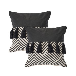 HomeRoots Set of Two Black and White Chevron Cotton Throw Pillow With Tassels - 1 of 4