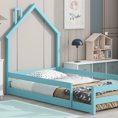 homfan Pine Wood Floor Bed Frame with House Shaped Headboard Full-Length Guardrails Twin Size for Toddler Kids Girls Boys