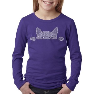 LA Pop Art Girl's Word Art Long Sleeve - Peeking Cat - 1 of 4