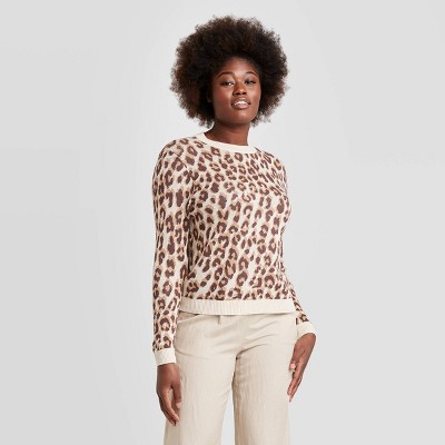 Women's Leopard Print Crewneck Pullover Sweater - A New Day™ Brown S