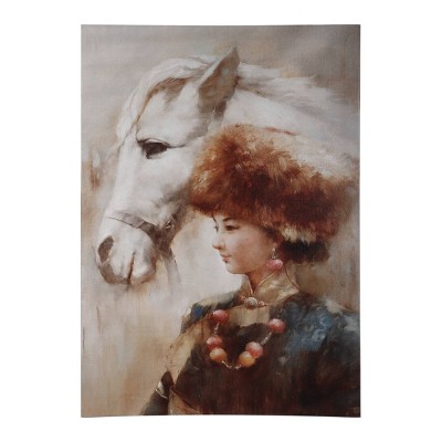 20"x28" Tibetan Lady and White Horse Wall Art - A&B Home: Polyester Canvas, Art Deco Style, Wood Composite Frame, Sawtooth Back Mount