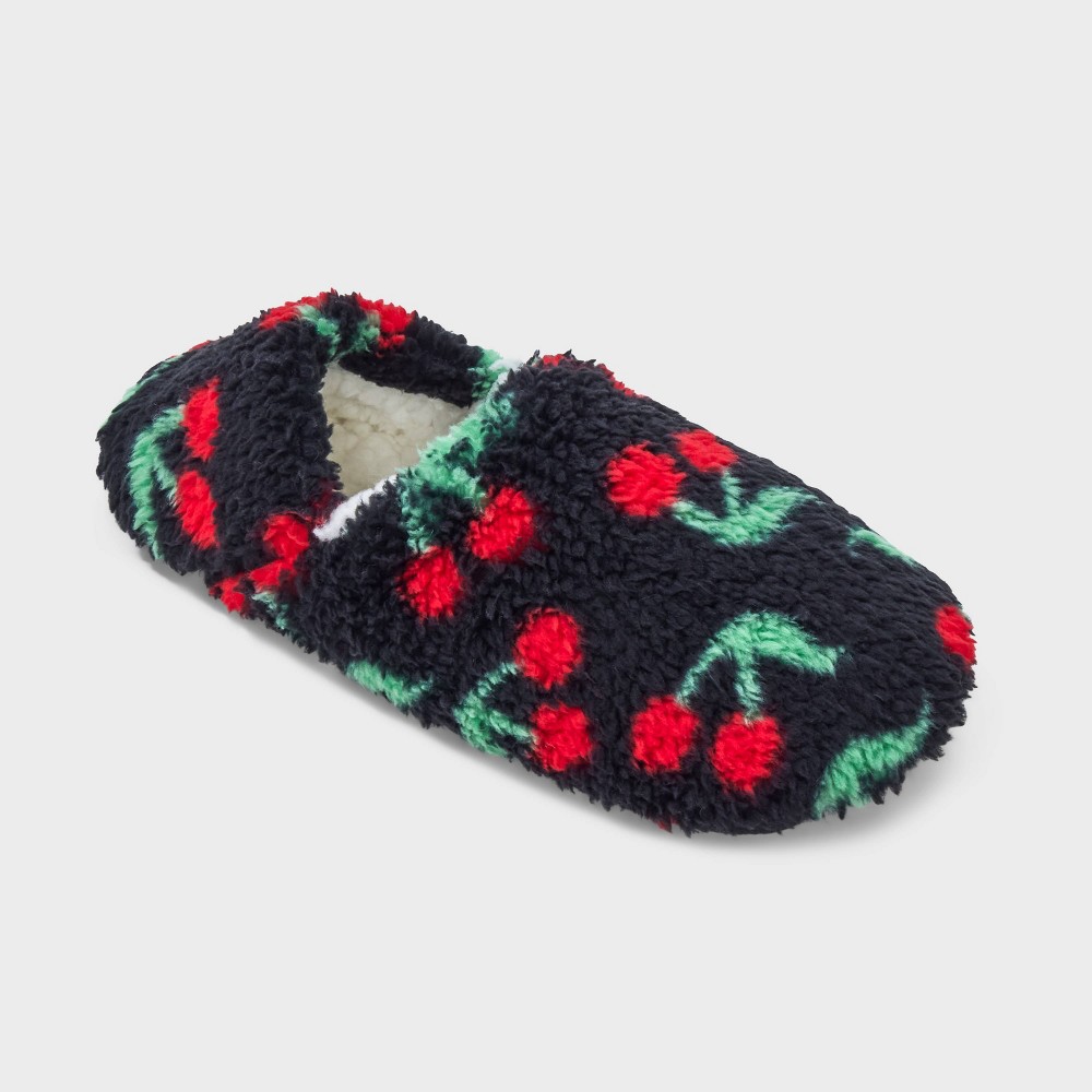 Women's Cherries Cozy Fleece High Cut Pull-On Slipper Socks with Grippers - Black/Red S/M