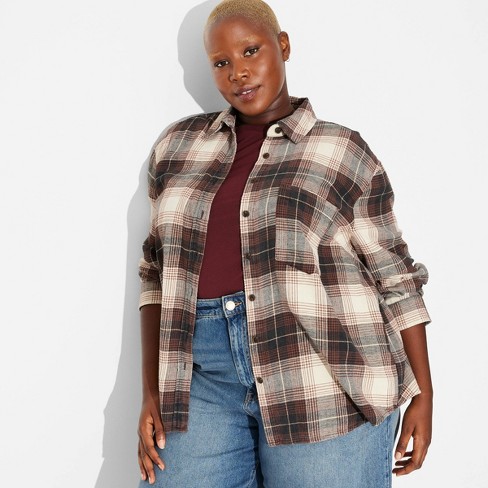 Women s Long Sleeve Oversized Flannel Button down Shirt Wild Fable Cream Plaid Xxl Target
