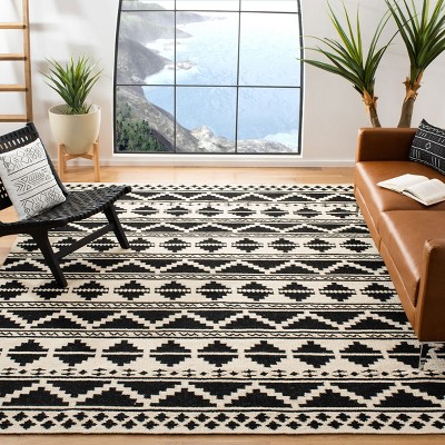 Black and Ivory Geometric Wool 8' x 10' Flat Woven Rug