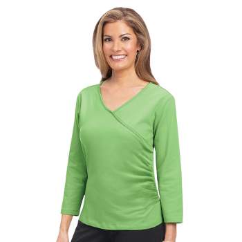 Collections Etc Side Shirred 3/4 Sleeve Surplice Top with V-Neckline