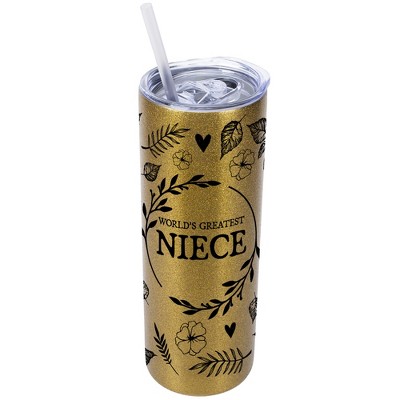 Elanze Designs Floral Vegas Gold 20 Ounce Double Wall Stainless Steel Glitter Travel Tumbler With Sliding Lid And Straw, World's Greatest Niece