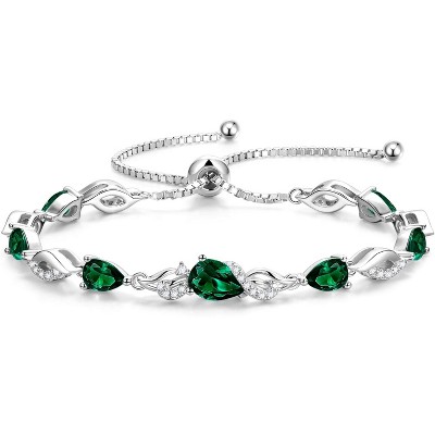 Teardrop Birthstone Tennis Bracelet, Sterling Silver with 9x7mm Gemstone & Adjustable Bolo Chain, Birthday Gift for Her