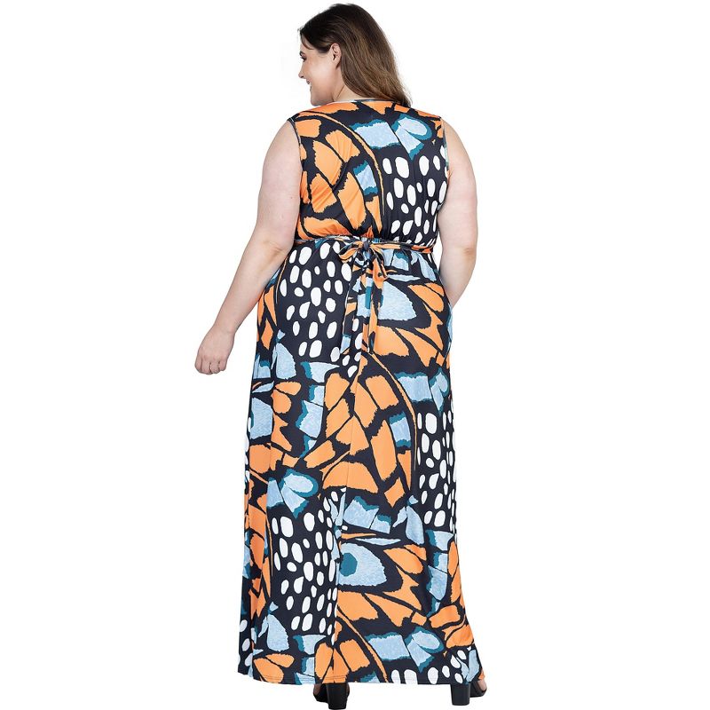 24seven Comfort Apparel Plus Size Orange Butterfly Print V Neck Tie Back Empire Waist Sleeveless Maxi Dress, 3 of 7