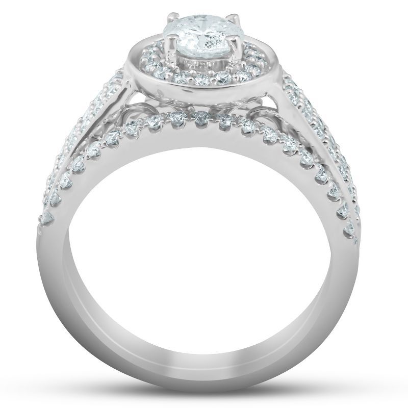 Pompeii3 1 1/4 Ct Diamond Halo Double Band Engagement Ring & Wedding Band Set White Gold, 2 of 5