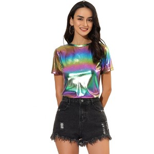 Allegra K Women's Party Metallic Short Sleeve Textured Shiny T-shirts - 1 of 4