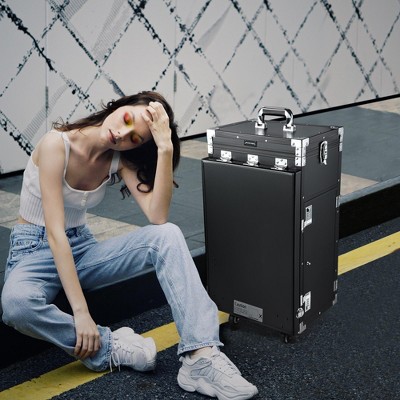 Black Aluminum Rolling Makeup Train Case with Expandable Table