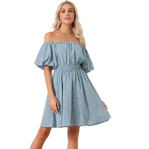 Allegra K Women's Off The Shoulder Casual Puff Sleeve Mini Floral Dress - 1 of 4